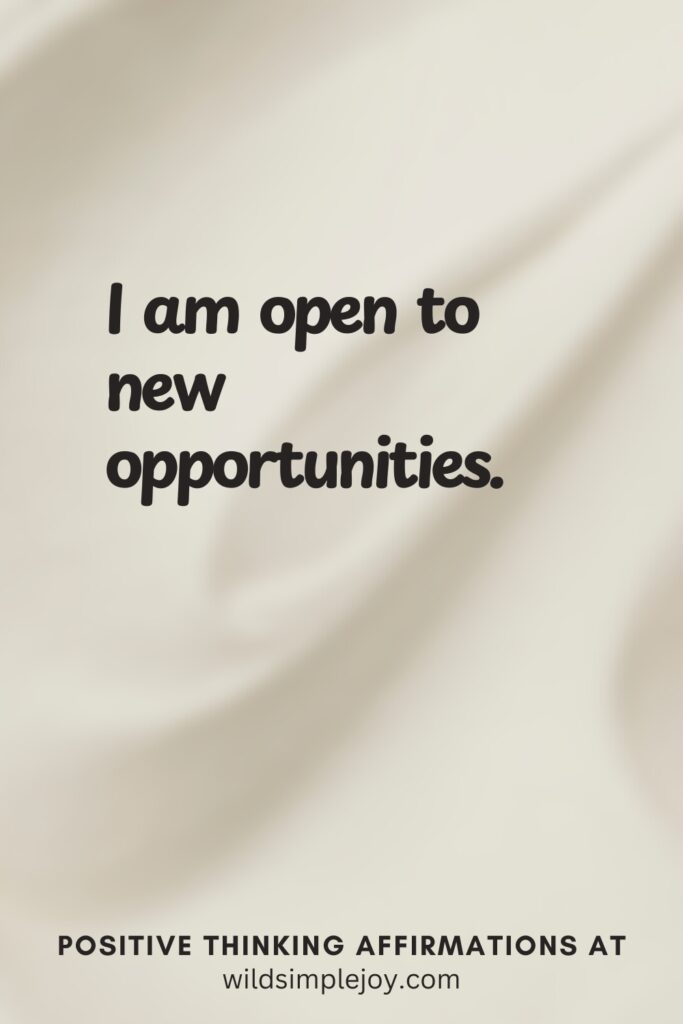 Vertical pin image on cream background with text overlay, I am open to new opportunities. Positive Thinking Affirmations at wildsimplejoy.com