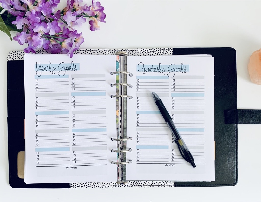 Yearly and Quarterly Goals in the daily goal planner printable from Wild Simple Joy (Affirmation Planner)