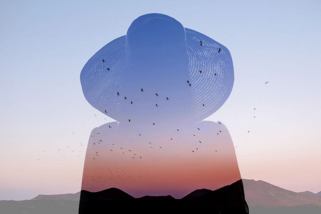 Double exposure of woman and birds in the sky, to symbolize a free-spirit, a beautiful soul.