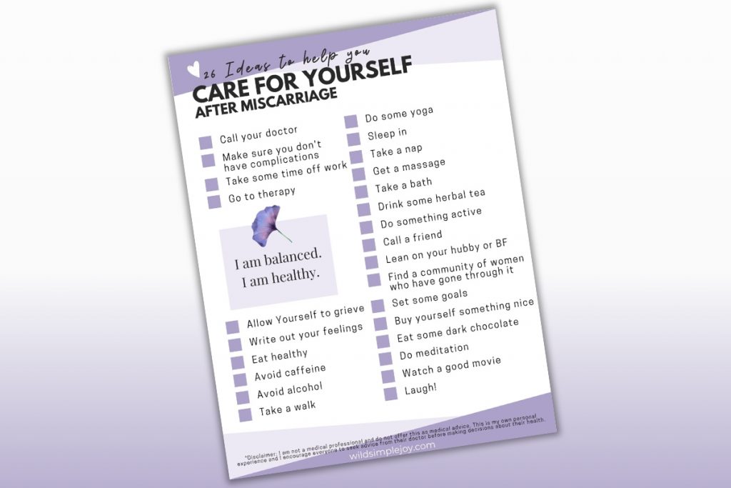 26 Ideas to Care for Yourself After Miscarriage printable (free)