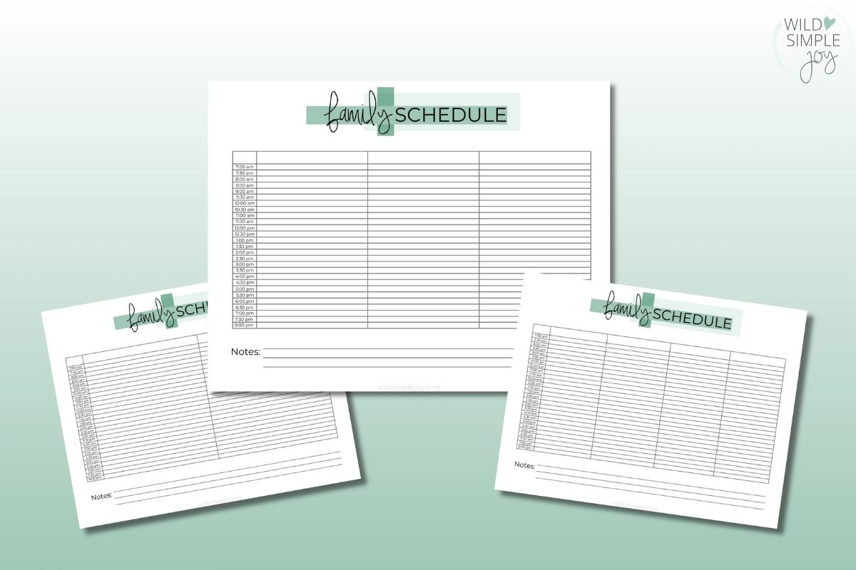 Daily family schedule blank free printable available for 2, 3, or 4 people from Wild Simple Joy.