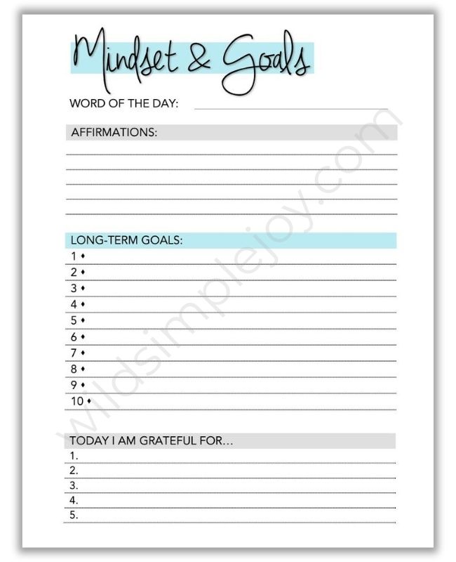 Mindset and Goals page with Gratitude Journal, Affirmations, and Long Term Goals in the Goal Planner Affirmation Planner All in 1 from Wild Simple Joy