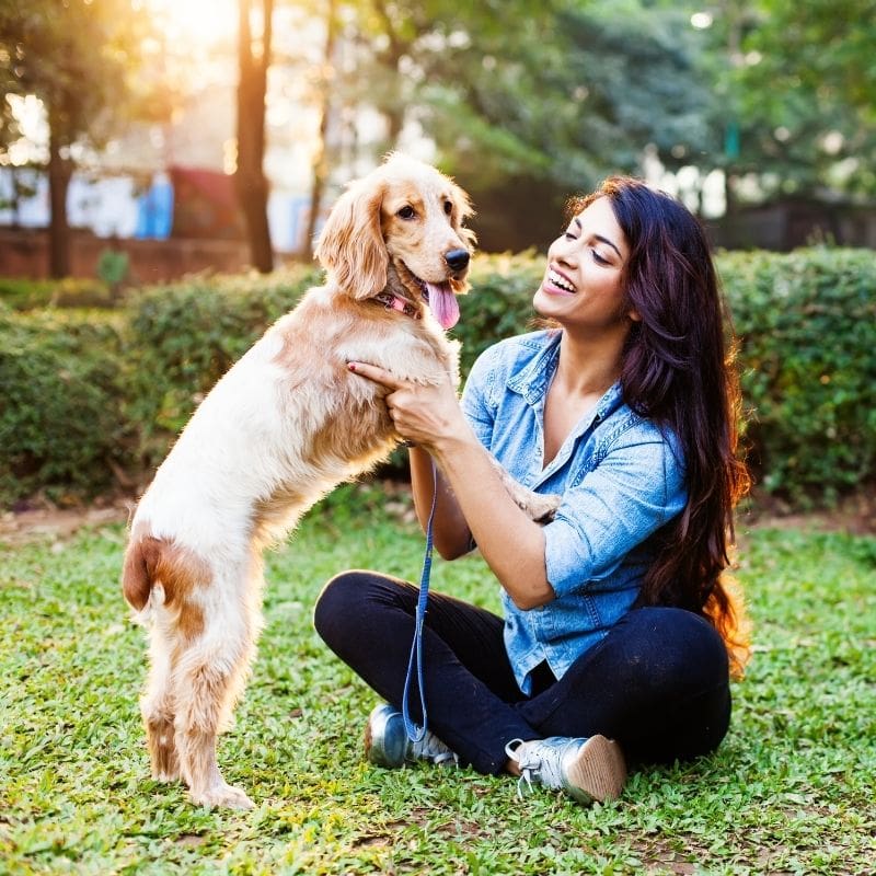 Woman playing with her dog in the park.