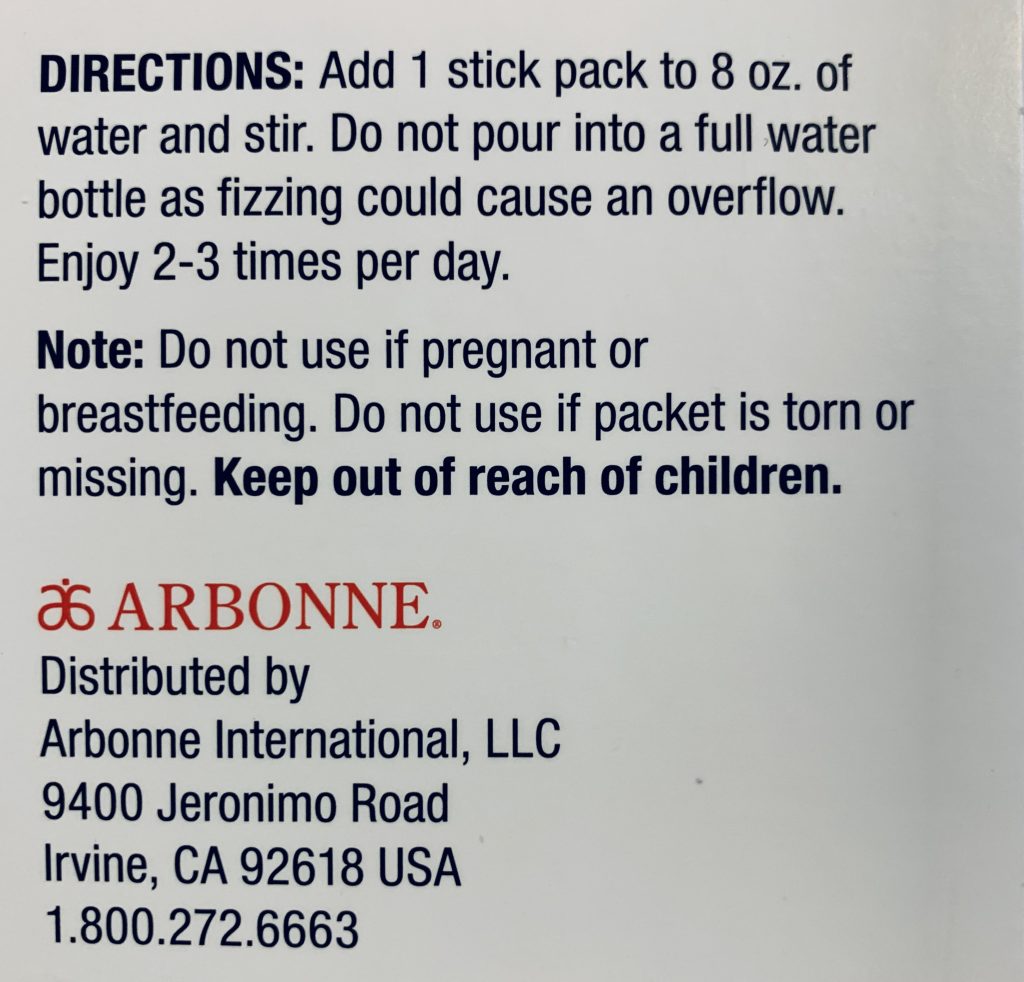 OLD Arbonne Fizz Stick Label: "Do Not Use if pregnant or breastfeeding."