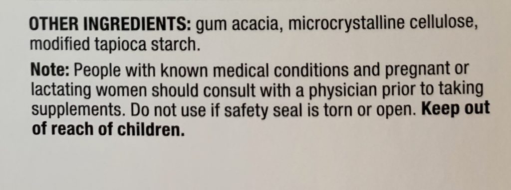 Arbonne Digestion Plus Label: "People with known medical conditions and pregnant or lactating women should consult with a physician prior to taking supplements."