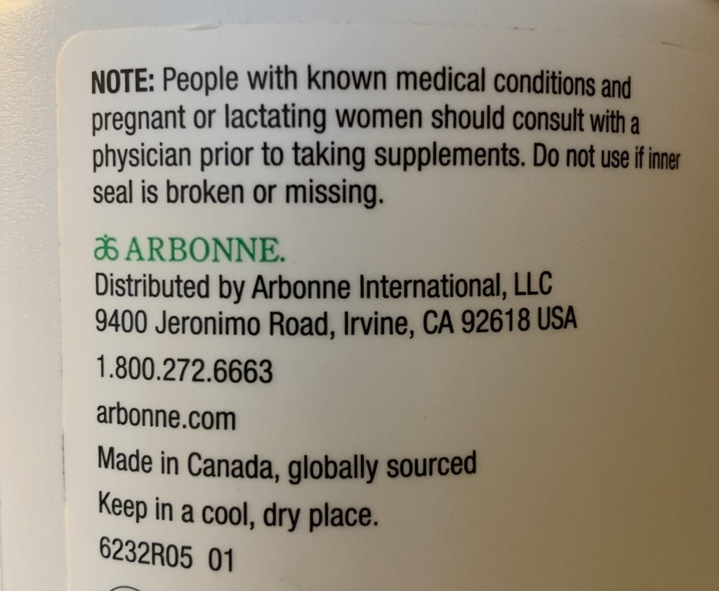 Arbonne Greens Balance Warning Label: "People with known medical conditions and pregnant or lactating women should consult with a physician prior to taking supplements."