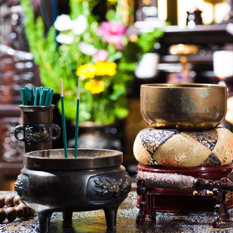 Singing bowl and incense.