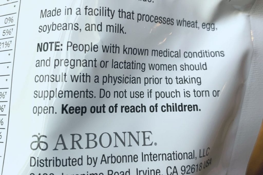 Arbonne Protein Shake Mix Warning Label for Pregnant Women, Reads: People with known medical conditions and pregnant or lactating women should consult with a physician prior to taking supplements.