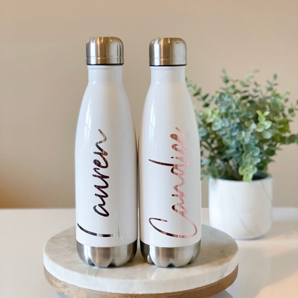 Personalized Stainless Steel Water Bottle from Shop Golden Boutique, a great choice to add to a stay at home mom survival kit.