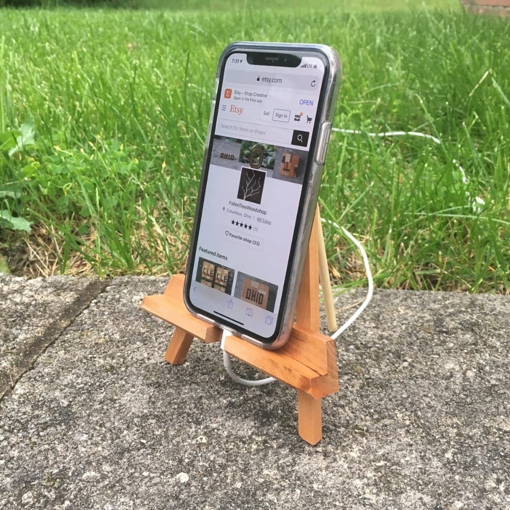 Phone stand easel from Fallen Tree Woodshop is the perfect thing to add to your Stay at Home Mom Survival Kit