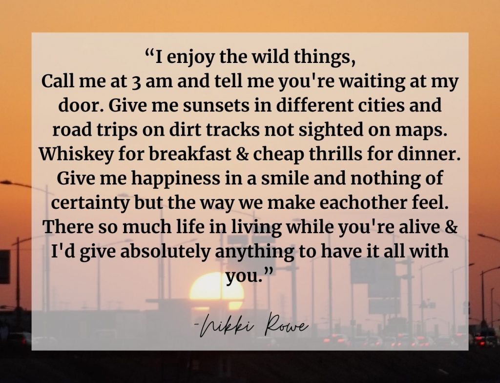 “I enjoy the wild things, Call me at 3 am and tell me you're waiting at my door. Give me sunsets in different cities and road trips on dirt tracks not sighted on maps. Whiskey for breakfast & cheap thrills for dinner. Give me happiness in a smile and nothing of certainty but the way we make eachother feel. There so much life in living while you're alive & I'd give absolutely anything to have it all with you.” -Nikki Rowe