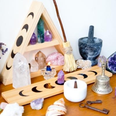 Altar or shrine with crystals. Buddhism and wiccan overlap in many places, including meditating, use of crystals, and respecting our earth