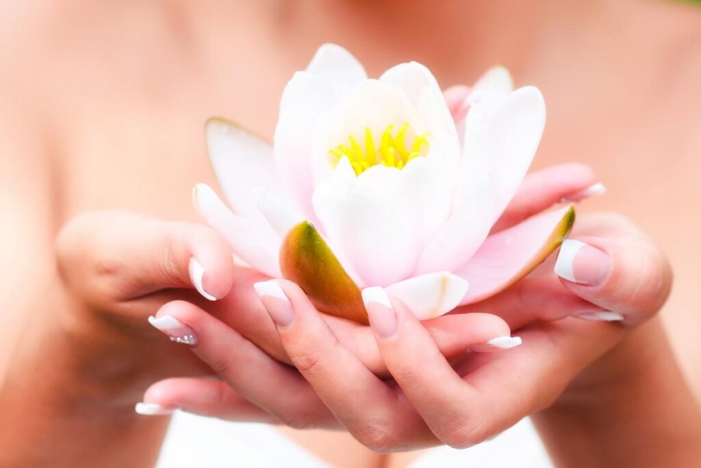 Woman holding a lotus flower gently is like gently holding a New Year's Aspiration