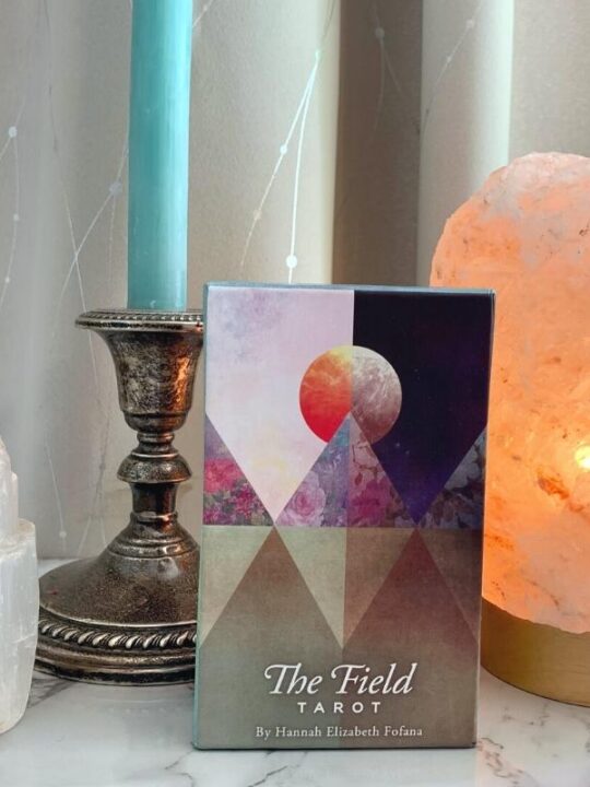 Field tarot cards box with Himalayan salt lamp and selenite tower