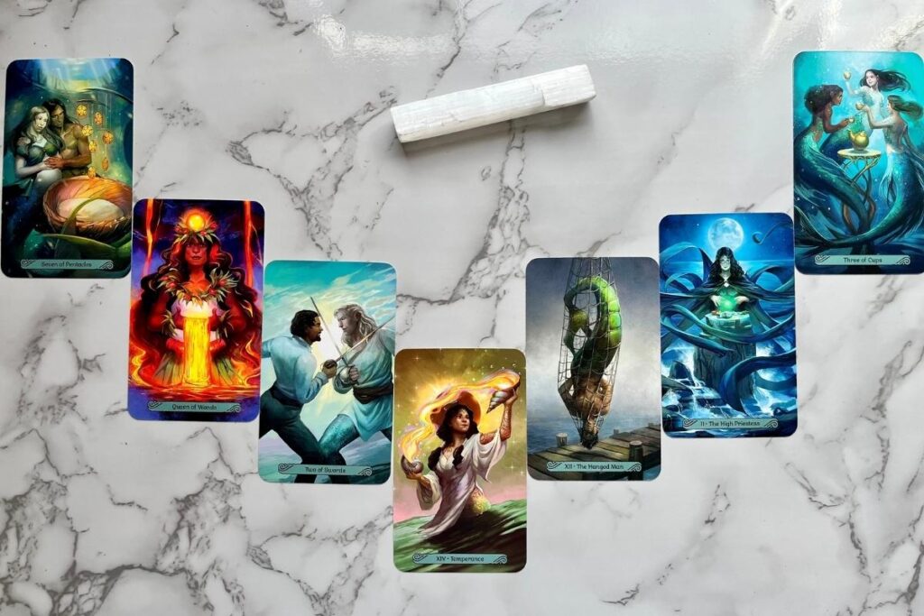 The Mermaid Tarot cards in a horseshoe spread