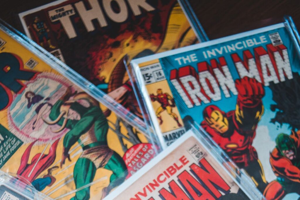 Photo of multiple Marvel Comics on display