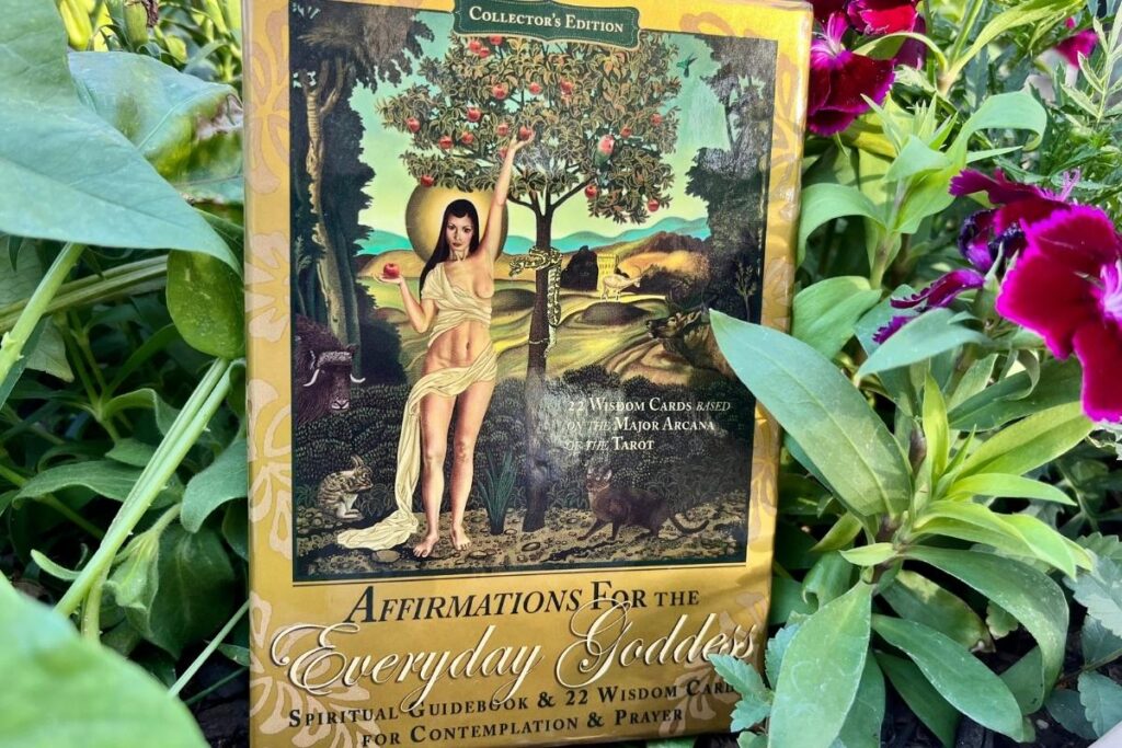 Affirmations for the Everyday Goddess Oracle Deck Review (Picture of Deck box in flowers)