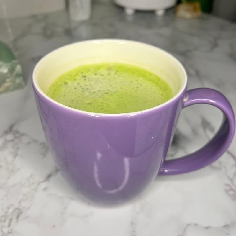 Clevr Matcha SuperLatte in a purple mug