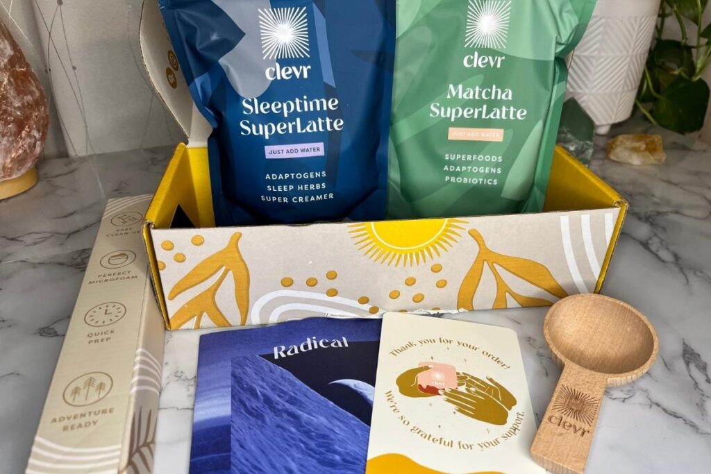 https://wildsimplejoy.com/wp-content/uploads/2022/08/Clevr-starter-kit-with-frother-measuring-spoon-info-pamphlets-Matcha-Superlatte-and-SleepTime-SuperLatte-1024x683.jpg