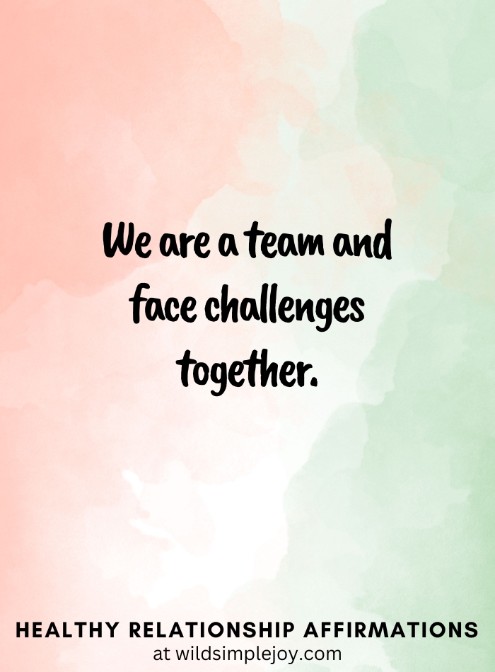 Vertical pin image with pink and green watercolor background and text overlay, We are a team and face challenges together. Healthy Relationship Affirmations Wild Simple Joy
