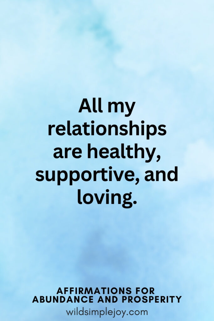 Vertical pin image with blue watercolor background and text overlay, All my relationships are healthy, supportive and loving. Affirmations for Abundance and Prosperity