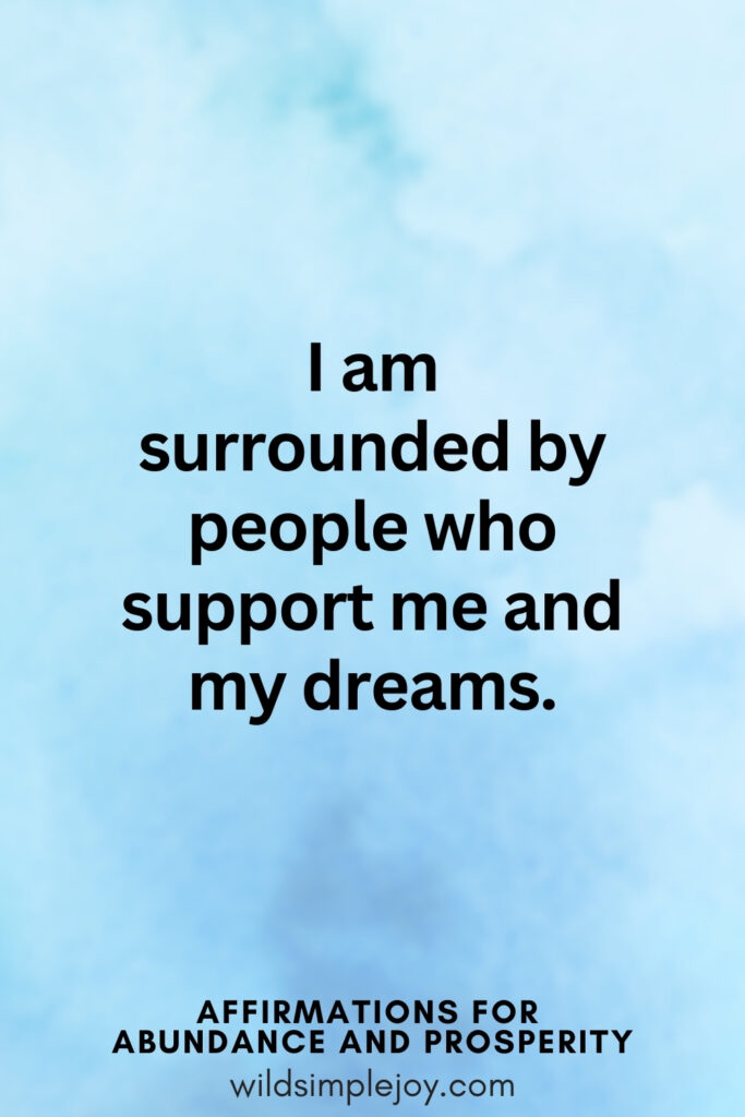 Vertical pin image with blue watercolor background and text overlay, I am surrounded by people who support me and my dreams. Affirmations for Abundance and Prosperity