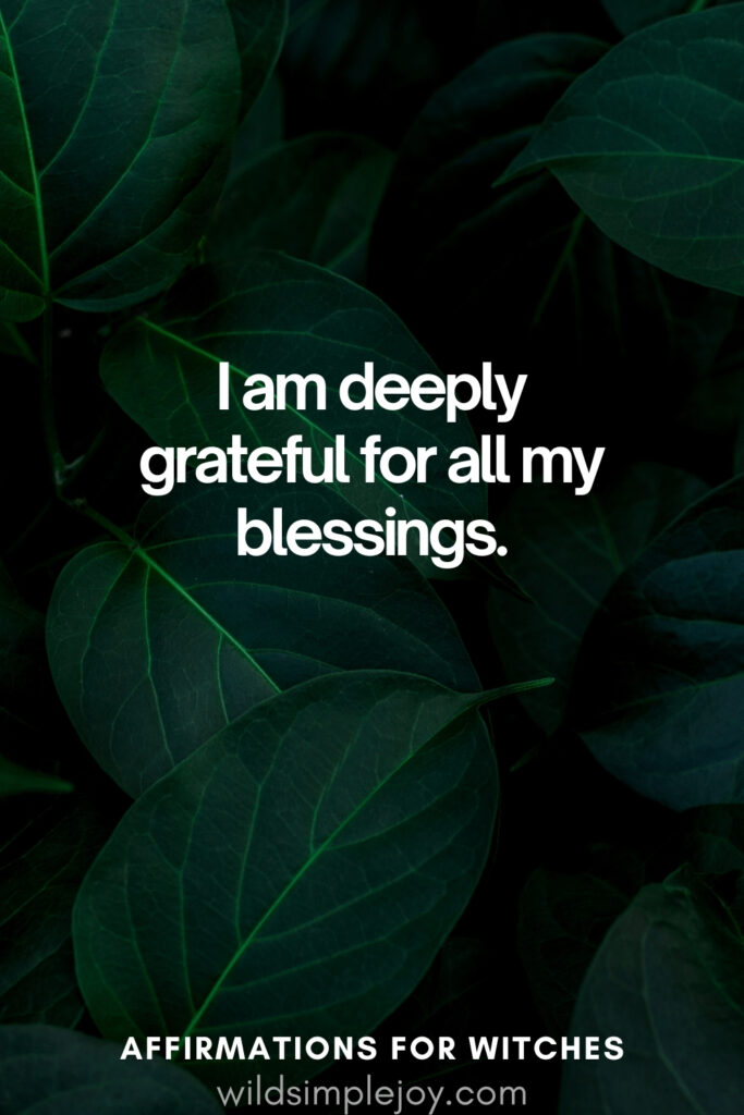 Vertical pin image with dark green background and text overlay, I am deeply grateful for all my blessings. Affirmations for Witches wildsimplejoy.com
