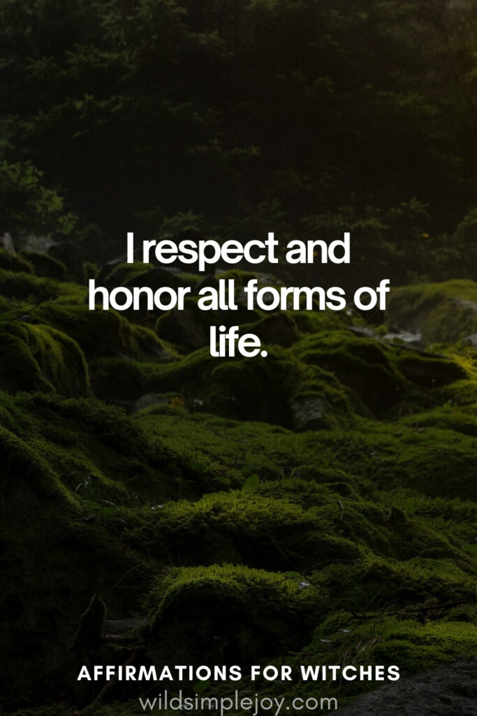 Vertical pin image with dark green background and text overlay, I respect and honor all forms of life. Magickal Affirmations wildsimplejoy.com