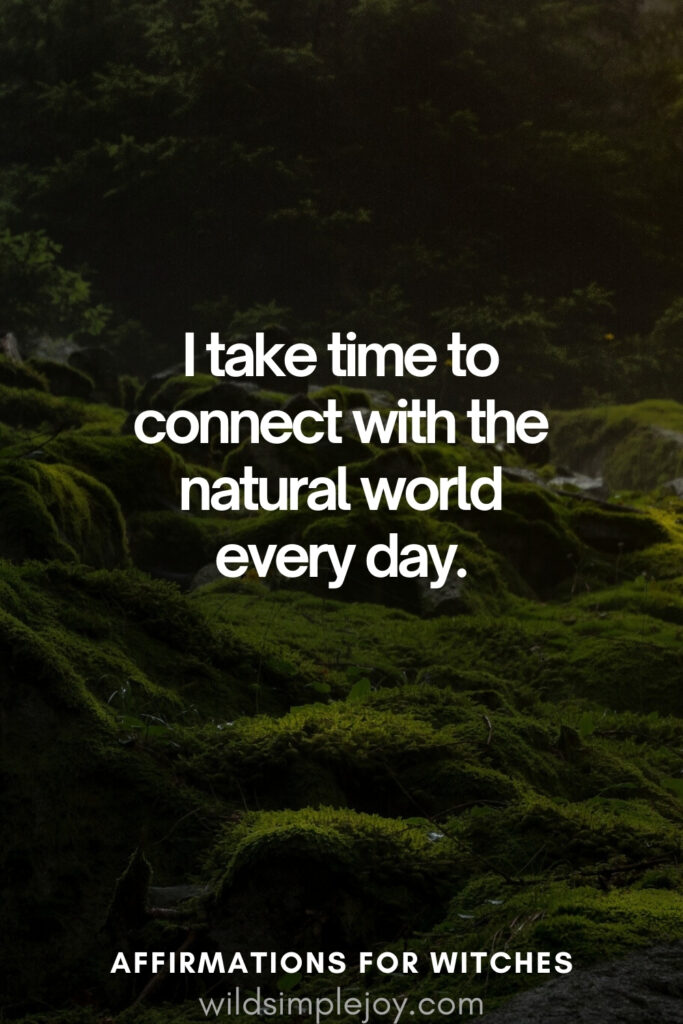 Vertical pin image with dark green background and text overlay, I take time to connect with the natural world every day. Magickal Affirmations wildsimplejoy.com