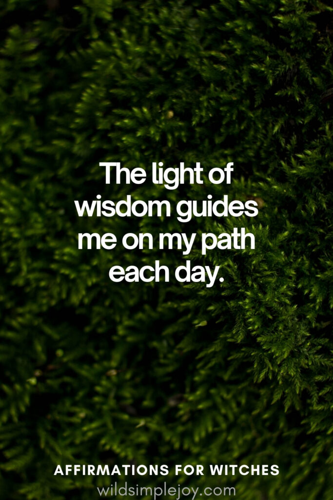 Vertical pin image with dark green background and text overlay, The light of wisdom gudies me on my path. Affirmations for Witches wildsimplejoy.com