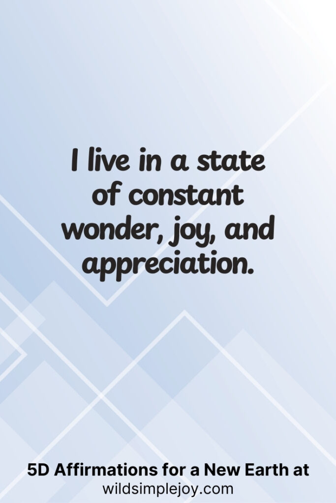 Vertical pin image with geometric background and text overlay, I live in a state of constant wonder joy and appreciation. 5D Affirmations for a New Earth at wildsimplejoy.com