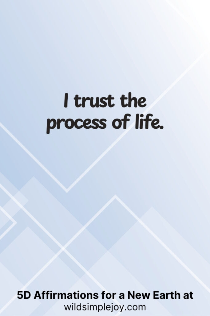 Vertical pin image with geometric background and text overlay, I trust the process of life. 5D Affirmations for a New Earth at wildsimplejoy.com