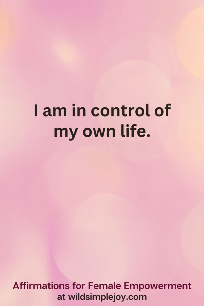 Vertical pin image with pink bokeh light background and text overlay, I a in control of my own life. Affirmations for Female Empowerment at wildsimplejoy.com