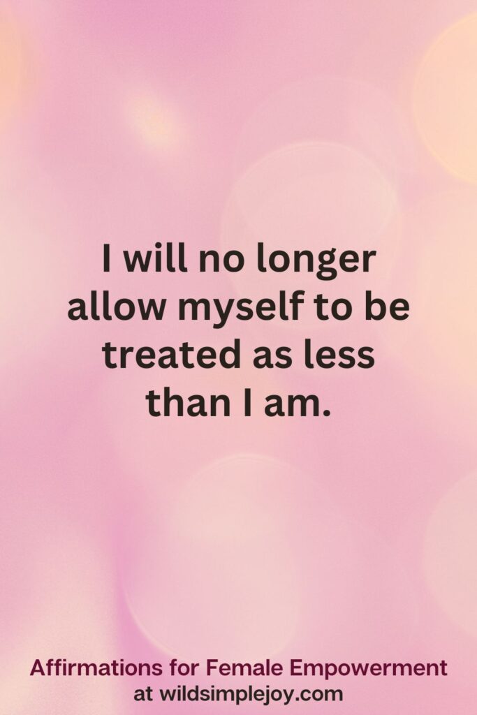 Vertical pin image with pink bokeh light background and text overlay, I no longer allow myself to be treated as less than I am. Affirmations for Female Empowerment at wildsimplejoy.com