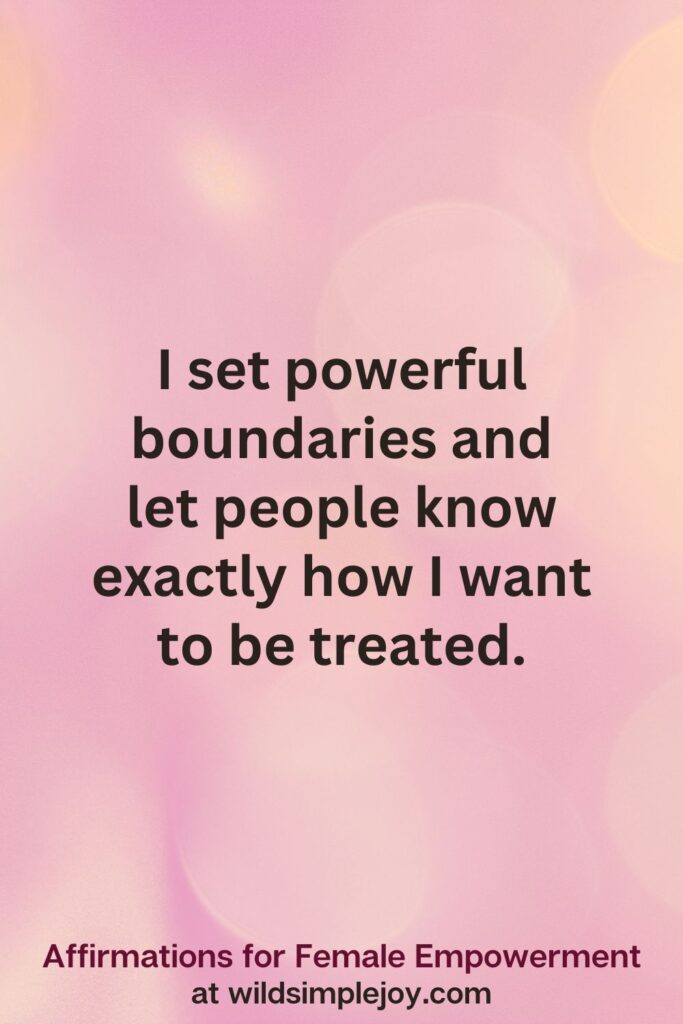 Vertical pin image with pink bokeh light background and text overlay, I set powerful boundaries. Affirmations for Female Empowerment at wildsimplejoy.com