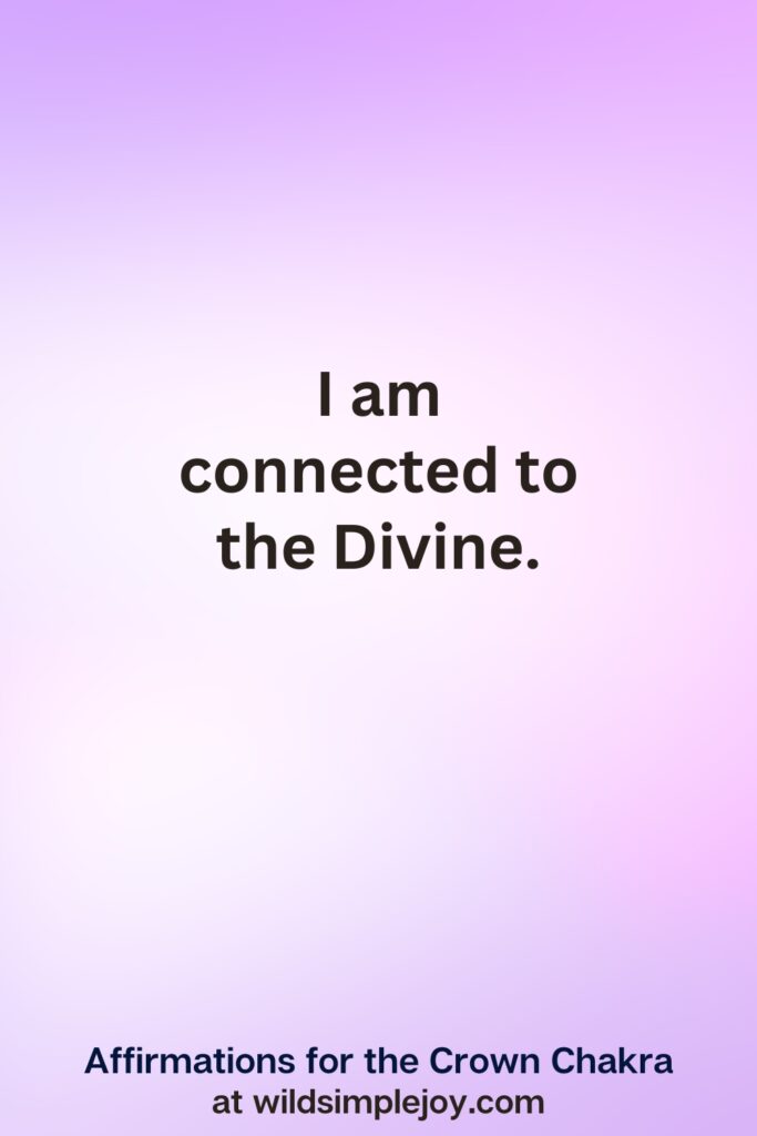 Vertical pin image with purple background and text overlay, I am connected to the Divine. Crown Chakra Affirmations at wildsimplejoy.com