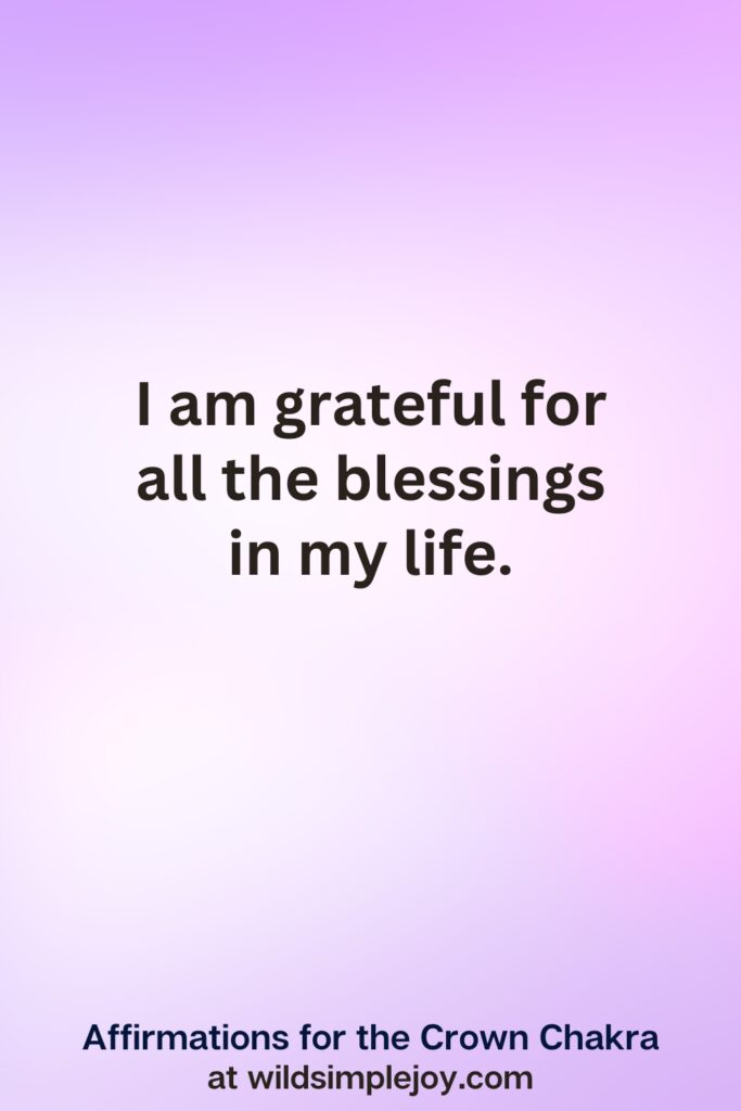 Vertical pin image with purple background and text overlay, I am grateful for all the blessings in my life. Affirmations for the Crown Chakra at wildsimplejoy.com