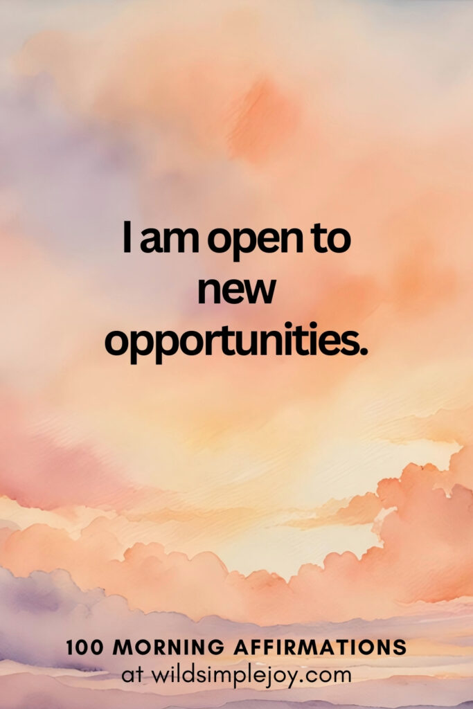 Vertical pin image with watercolor background and text overlay, I am open to new opportunities. Morning Affirmations at wildsimplejoy.com