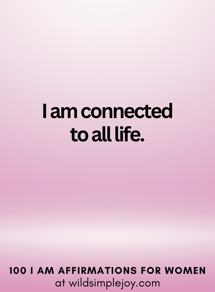 Vertical social media image with pink ombre background and text overlay that reads I am connented to all life 100 I Am Affirmations for Women at wildsimplejoy.com