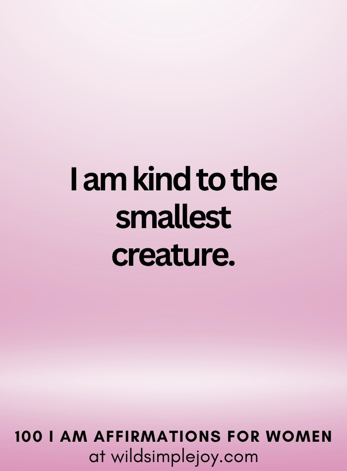 Vertical social media image with pink ombre background and text overlay that reads I am kind to the smallest creature 100 I Am Affirmations for Women at wildsimplejoy.com