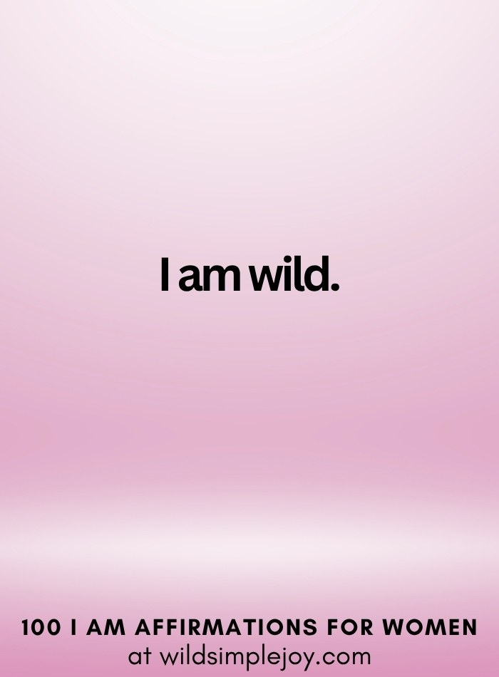 Vertical social media image with pink ombre background and text overlay that reads I am wild 100 I Am Affirmations for Women at wildsimplejoy.com
