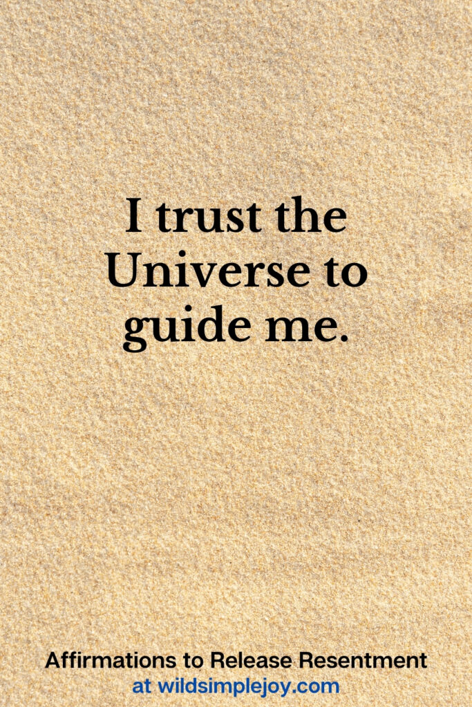 Vertical Pinterest Image with sand background and text overlay that reads I trust the Universe to guide me Affirmations to release resentment at wildsimplejoy.com