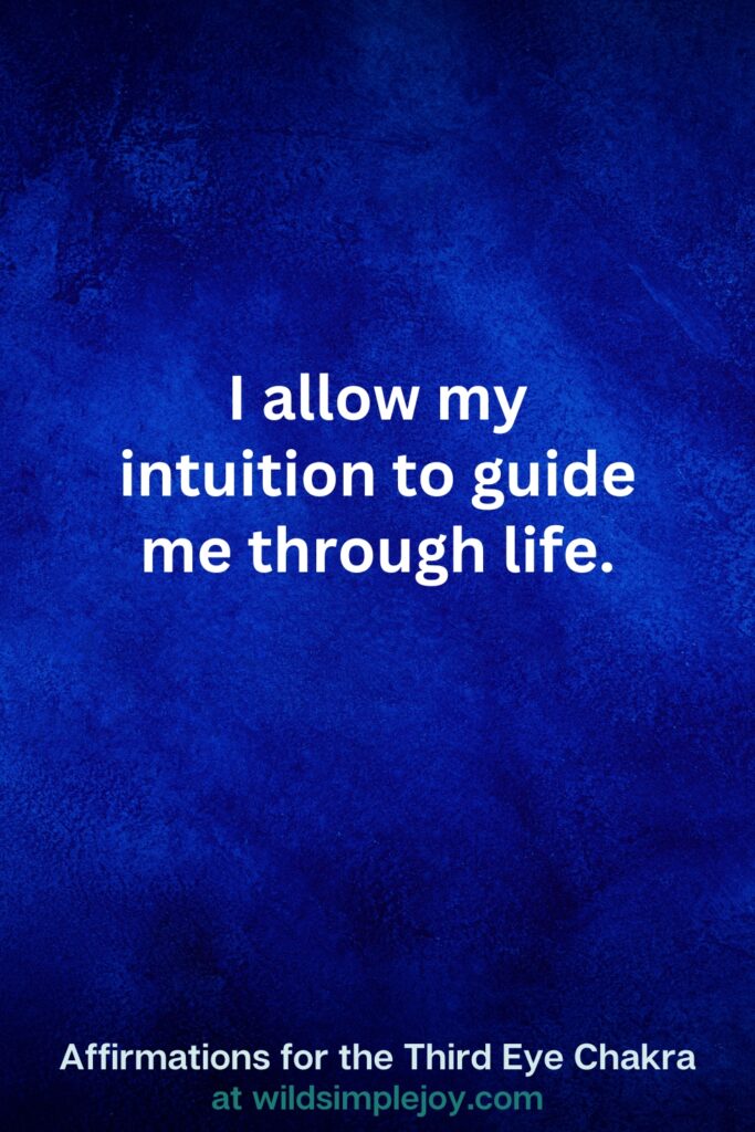 Vertical pin image on dark blue background with text overlay, I allow my intuition to guide my through life. Third Eye Chakra Affirmations at wildsimplejoy.com
