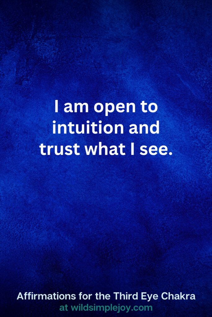 Vertical pin image on dark blue background with text overlay, I am open to intuition and trust what I see. Third Eye Chakra Affirmations at wildsimplejoy.com