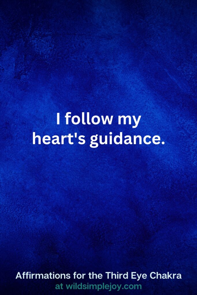Vertical pin image on dark blue background with text overlay, I follow my heart's guidance. Third Eye Chakra Affirmations at wildsimplejoy.com