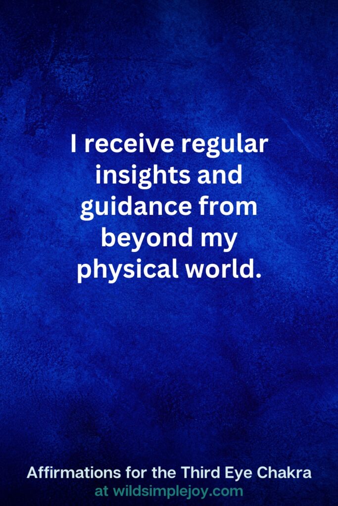 Vertical pin image on dark blue background with text overlay, I receive regular insights and guidance. Third Eye Chakra Affirmations at wildsimplejoy.com