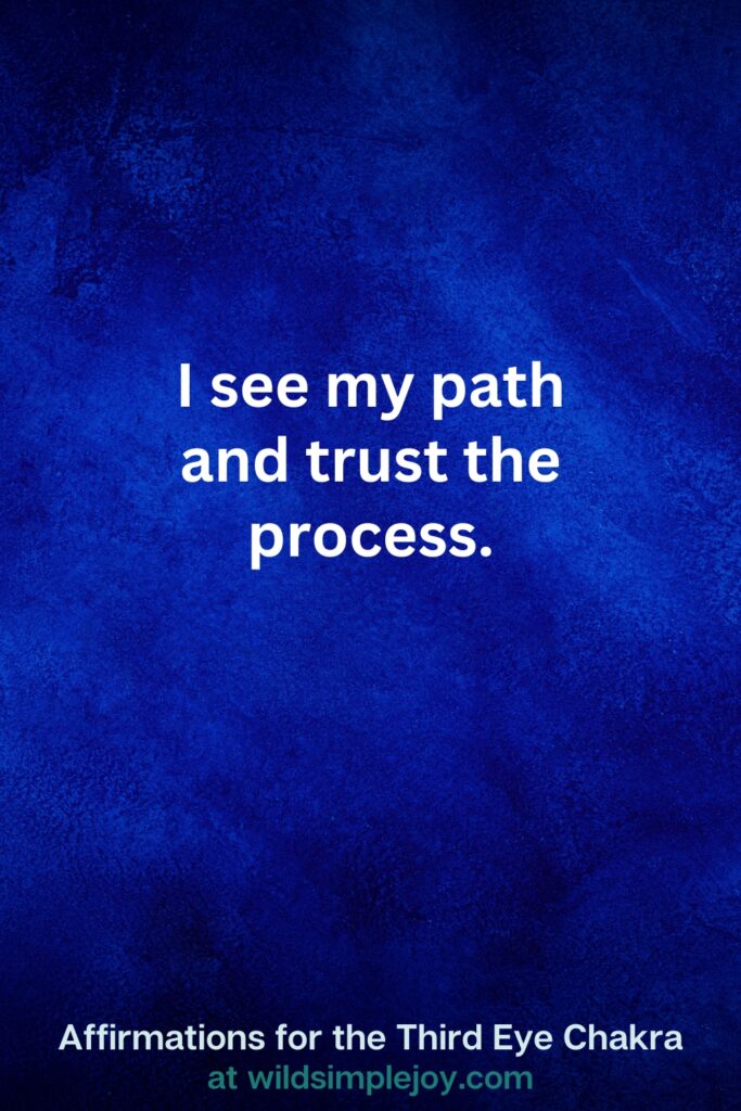 Vertical pin image on dark blue background with text overlay, I see my path and trust the process. Third Eye Chakra Affirmations at wildsimplejoy.com