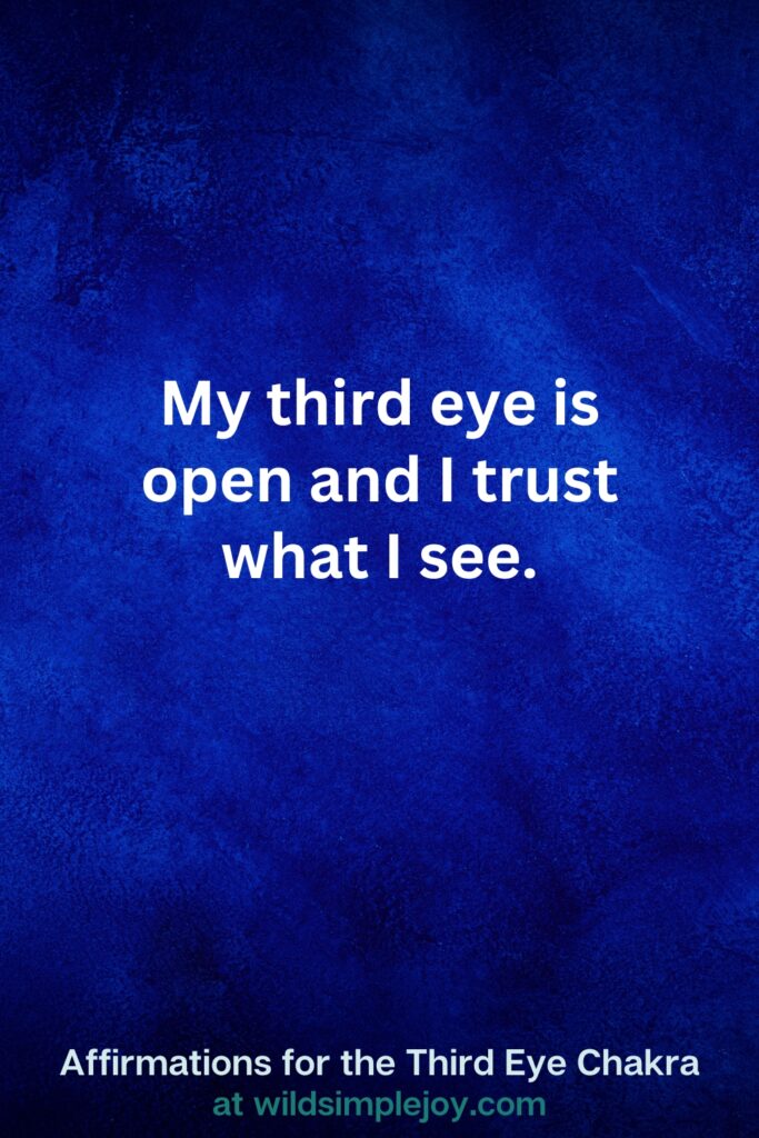 Vertical pin image on dark blue background with text overlay, My third eye is open and I trust what I see. Third Eye Chakra Affirmations at wildsimplejoy.com