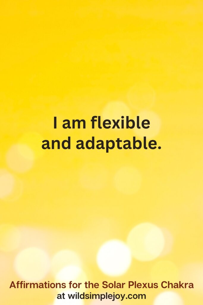 Vertical pin image with yellow background and text overlay that reads I am flexible and adaptable. Affirmations for the Solar Plexus Chakra at wildsimplejoy.com