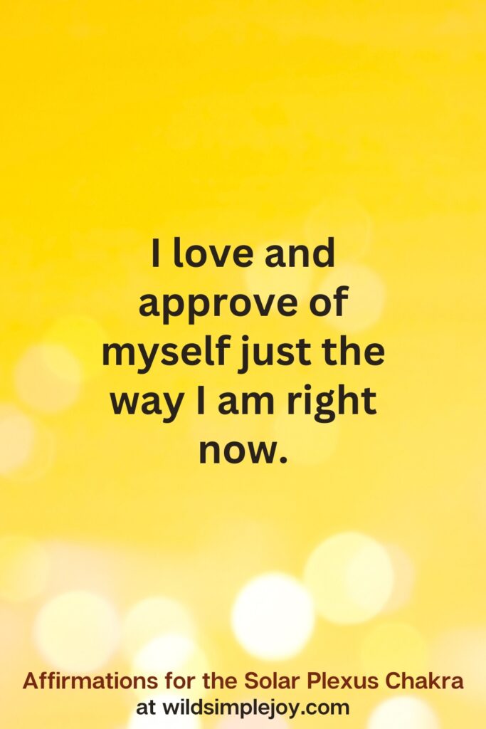 Vertical pin image with yellow background and text overlay that reads I love and approve of myself. Affirmations for the Solar Plexus Chakra at wildsimplejoy.com